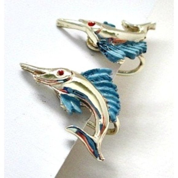 Vintage Swordfish Screw Style Earrings Mid-Century Jewelry - Picture 1 of 3